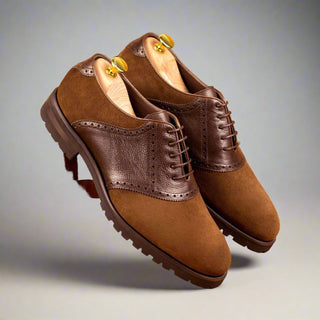 Ambrogio Bespoke Custom Men's Shoes Two-Tone Brown Suede / Full Grain Leather Saddle Oxfords (AMB2008)-AmbrogioShoes