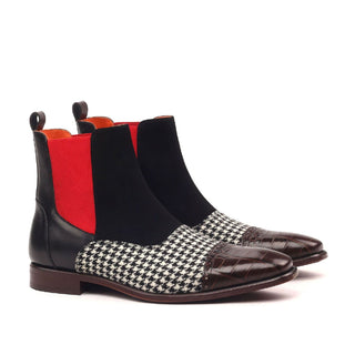 Ambrogio 2430 Bespoke Custom Men's Shoes White, Brown, Black & Red Fabric / Crocodile Print / Suede / Full Grain / Calf-Skin Leather Chelsea Boots (AMB1879)-AmbrogioShoes