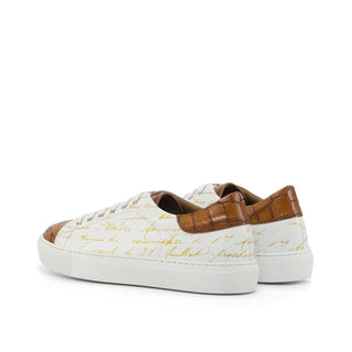 Ambrogio Bespoke Custom Men's Shoes White, Cognac & Brown Crocodile Print / Calf-Skin Leather Stencil Trainer Sneakers (AMB2224)-AmbrogioShoes