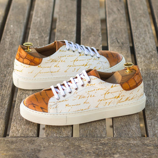 Ambrogio Bespoke Custom Men's Shoes White, Cognac & Brown Crocodile Print / Calf-Skin Leather Stencil Trainer Sneakers (AMB2224)-AmbrogioShoes