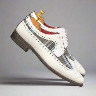 Ambrogio Bespoke Custom Men's Shoes White, Gray & Blue Plaid Fabric / Box Calf-Skin Leather Longwing Blucher Oxfords (AMB2199)-AmbrogioShoes