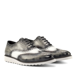 Ambrogio Bespoke Custom Men's Shoes White & Gray Patina / Calf-Skin Leather Full Brogue Oxfords (AMB2225)-AmbrogioShoes