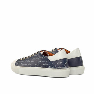 Ambrogio Bespoke Custom Men's Shoes White & Navy Calf-Skin Leather Stencil Trainer Sneakers (AMB2223)-AmbrogioShoes