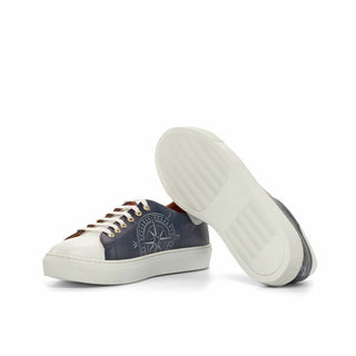 Ambrogio Bespoke Custom Men's Shoes White & Navy Calf-Skin Leather Stencil Trainer Sneakers (AMB2223)-AmbrogioShoes