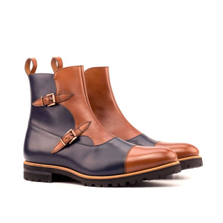 Ambrogio Bespoke Custom Navy & Brown Leather Buckle Boots (AMB1949)