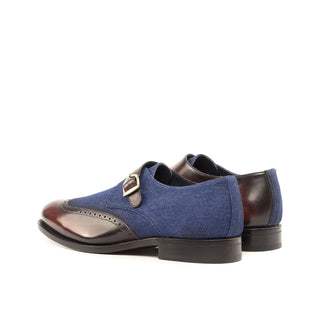 Ambrogio Bespoke Custom Navy & Burgundy Jeans Fabric / Patina Leather Monk Strap (AMB2194)