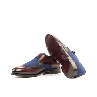 Ambrogio Bespoke Custom Navy & Burgundy Jeans Fabric / Patina Leather Monk Strap (AMB2194)