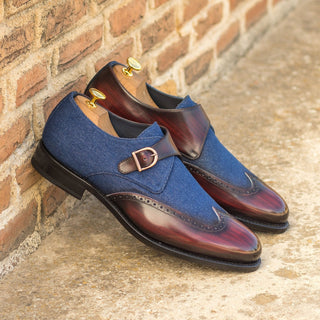 Ambrogio Bespoke Custom Navy & Burgundy Jeans Fabric / Patina Leather Monk Strap (AMB2194)