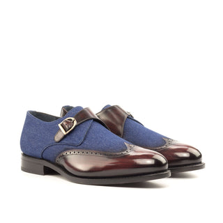 Ambrogio Bespoke Custom Navy & Burgundy Jeans Fabric / Patina Leather Monk Strap (AMB2194)