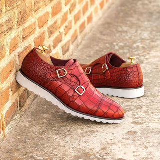 Ambrogio Bespoke Custom Red Crocodile Embossed Monk-Straps Loafers (AMB2211)
