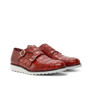 Ambrogio Bespoke Custom Red Crocodile Embossed Monk-Straps Loafers (AMB2211)