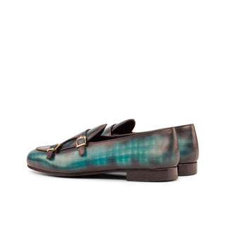 Ambrogio Bespoke Custom Turquoise Patina Leather Monk Slipper Loafers (AMB1947)