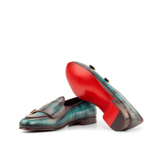 Ambrogio Bespoke Custom Turquoise Patina Leather Monk Slipper Loafers (AMB1947)