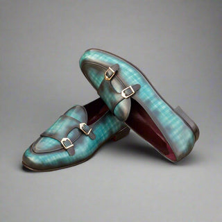 Ambrogio Bespoke Custom Turquoise Patina Leather Monk Slipper Loafers (AMB1947)