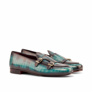 Ambrogio Bespoke Custom Turquoise Patina Leather Monk Slipper Loafers (AMB1947)