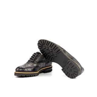 Ambrogio 4477 Bespoke Custom Women's Shoes Black & Gray Crocodile Print / Calf-Skin Leather Wingtip Oxfords (AMBW1078)-AmbrogioShoes