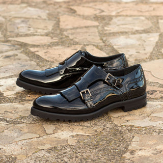 Ambrogio 3937 Bespoke Custom Women's Shoes Black Patent Leather Kiltie Monk-Strap Loafers (AMBW1081)-AmbrogioShoes