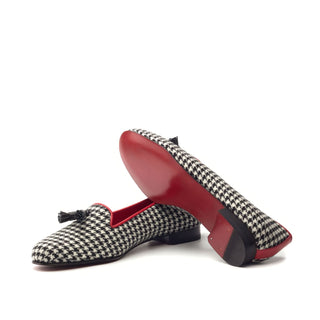 Ambrogio 2836 Bespoke Custom Women's Shoes Black & White Crocodile Print / Fabric Rose Tassels Loafers (AMBW1057)-AmbrogioShoes