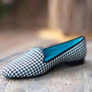 Ambrogio 1703 Bespoke Custom Women's Shoes Black & White Grossgrain / Fabric Rose Loafers (AMBW1055)-AmbrogioShoes