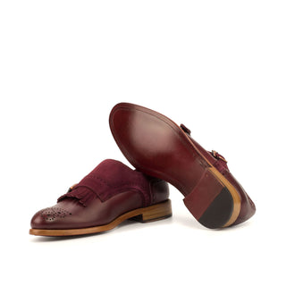 Ambrogio 3601 Bespoke Custom Women's Shoes Burgundy Wine Suede / Calf-Skin Leather Kiltie Monk-Strap Loafers (AMBW1088)-AmbrogioShoes