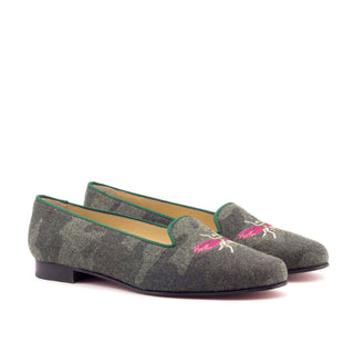 Ambrogio 2696 Bespoke Custom Women's Shoes Green Grossgrain / Fabric Rose Loafers (AMBW1059)-AmbrogioShoes