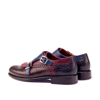 Ambrogio Bespoke Custom Women's Shoes Black, Burgundy, Red, Navy & Brown Crocodile Print / Calf-Skin Leather Kiltie Monk-Straps Loafers (AMBW1100)-AmbrogioShoes