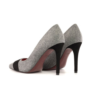 Ambrogio Bespoke Custom Women's Shoes Black & Gray Flannel Fabric / Suede Leather Milan Pump (AMBW1124)-AmbrogioShoes