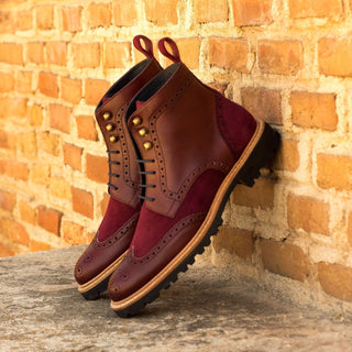 Ambrogio Bespoke Custom Women's Shoes Burgundy & Wine Suede / Calf-Skin Leather Wingtip Boots (AMBW1098)-AmbrogioShoes