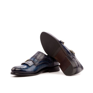 Ambrogio Bespoke Custom Women's Shoes Denim & Blue Patina Leather Kiltie Monk-Straps Loafers (AMBW1102)-AmbrogioShoes