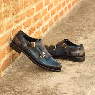 Ambrogio Bespoke Custom Women's Shoes Denim & Blue Patina Leather Kiltie Monk-Straps Loafers (AMBW1102)-AmbrogioShoes