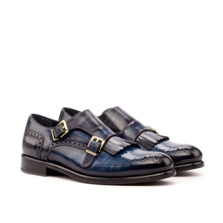 Ambrogio Bespoke Custom Women's Shoes Denim & Blue Patina Leather Kiltie Monk-Straps Loafers (AMBW1102)-AmbrogioShoes