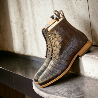 Ambrogio Bespoke Dark Brown Crocodile Embossed Jumper Boots (AMB2515)