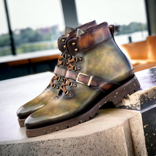 Ambrogio Bespoke Fire & Green Patina Leather Hiking Boots (AMB2514)