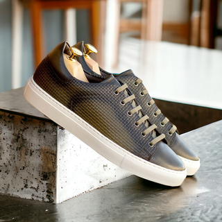 Ambrogio Bespoke Gray Calf-Skin / Woven Leather Trainer Sneakers (AMB2482)