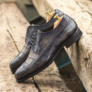 Ambrogio Bespoke Gray Crocodile Embossed / Patina Leather Longwing Blucher Oxfords (AMB2244)