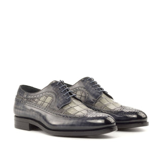 Ambrogio Bespoke Gray Crocodile Embossed / Patina Leather Longwing Blucher Oxfords (AMB2244)
