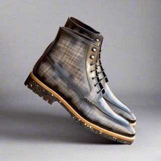 Ambrogio Bespoke Gray Patina Leather Moccasin Boots (AMB2254)
