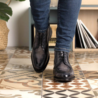 Ambrogio Bespoke Gray Patina Leather Moccasin Boots (AMB2402)