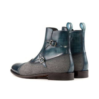 Ambrogio Bespoke Gray & Turquoise Flannel Fabric / Patina Leather Octavian Boots (AMB2433)