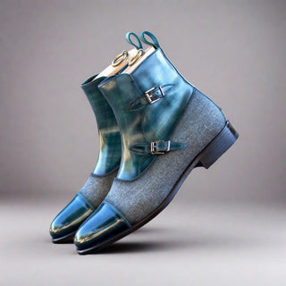 Ambrogio Bespoke Gray & Turquoise Flannel Fabric / Patina Leather Octavian Boots (AMB2433)