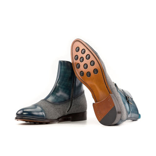 Ambrogio Bespoke Gray & Turquoise Flannel Fabric / Patina Leather Octavian Boots (AMB2433)