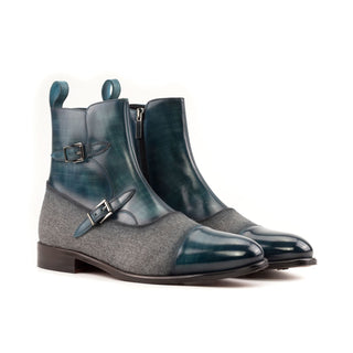 Ambrogio Bespoke Gray & Turquoise Flannel Fabric / Patina Leather Octavian Boots (AMB2433)