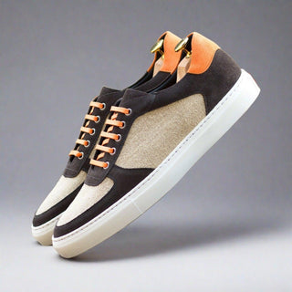 Ambrogio Bespoke Ice, Gray & Orange Linen / Suede Low Top Trainer Sneakers (AMB2532)