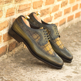 Ambrogio Bespoke Khaki & Olive Crocodile Embossed / Patina Leather Longwing Blucher Oxfords (AMB2242)