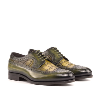 Ambrogio Bespoke Khaki & Olive Crocodile Embossed / Patina Leather Longwing Blucher Oxfords (AMB2242)