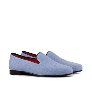 Ambrogio 3880 Bespoke Men's Shoes Blue & Black Linen Fabric / Calf-Skin Leahter Slip-On Loafers (AMB1315)-AmbrogioShoes