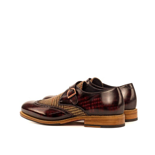 Ambrogio 4274 Bespoke Custom Men's Shoes Beige & Burgundy Fabric / Patina Leather Monk-Strap Loafers (AMB1402)-AmbrogioShoes