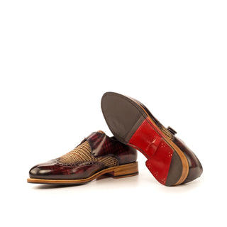 Ambrogio 4274 Bespoke Custom Men's Shoes Beige & Burgundy Fabric / Patina Leather Monk-Strap Loafers (AMB1402)-AmbrogioShoes