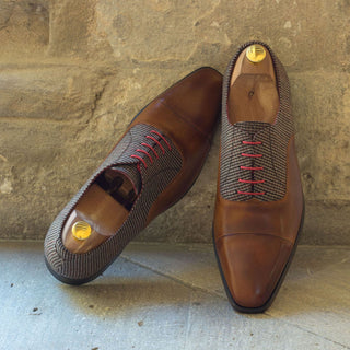 Ambrogio 2940 Bespoke Custom Men's Shoes Beige & Cognac Fabric / Calf-Skin Leather Oxfords (AMB1722)-AmbrogioShoes