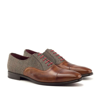 Ambrogio 2940 Bespoke Custom Men's Shoes Beige & Cognac Fabric / Calf-Skin Leather Oxfords (AMB1722)-AmbrogioShoes